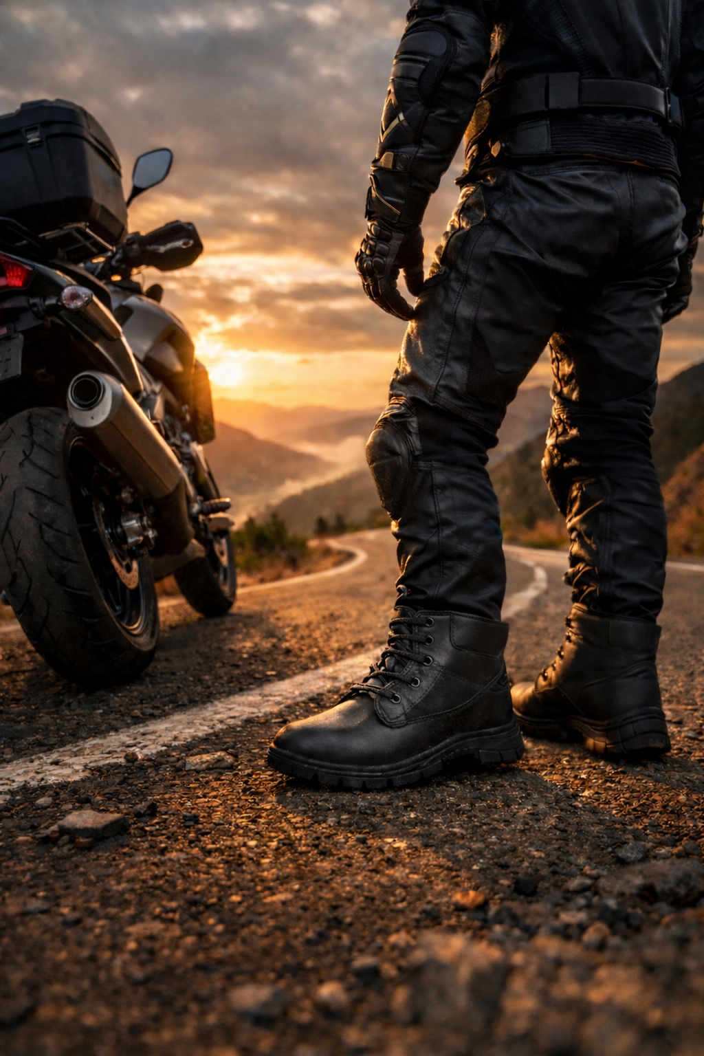 Motociclista pilotando em estrada sinuosa ao pôr do sol usando bota de couro estilo coturno para motociclismo, equipamento de proteção completo e moto touring em cenário cinematográfico de viagem