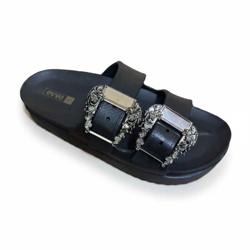 Sandália Slide Feminina em EVA Preto com Fivelas
