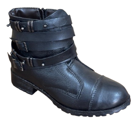 Bota Feminina Preta em Couro BX66 Tiras e Fivelas