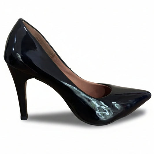 Scarpin Feminino Verniz Preto Salto Alto Bico Fino